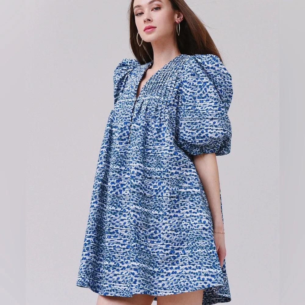 HUNTER BELL Blue‎ Jenkins Dress Puff Sleeve
